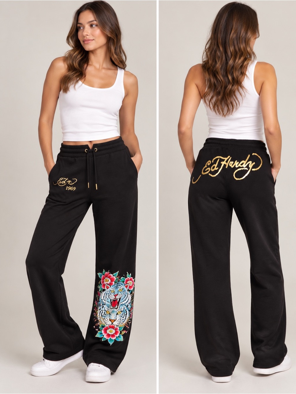 Ed Hardy Black Wide-Leg Sweatpants with Colorful Tiger Small